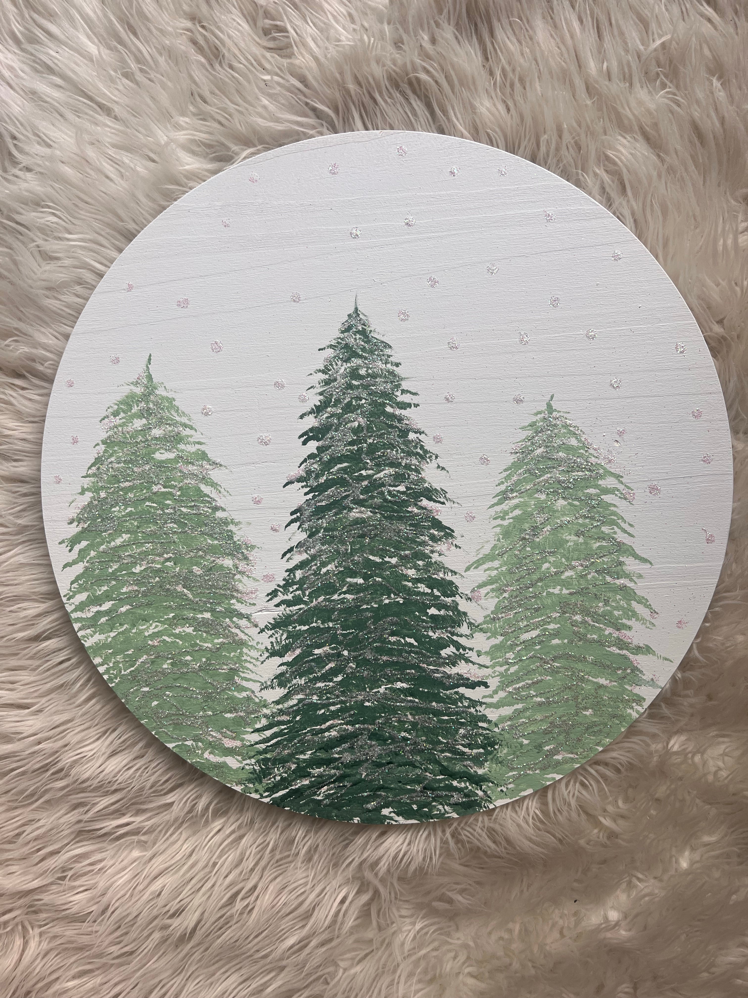 Winter Glitter Trees Wood Round